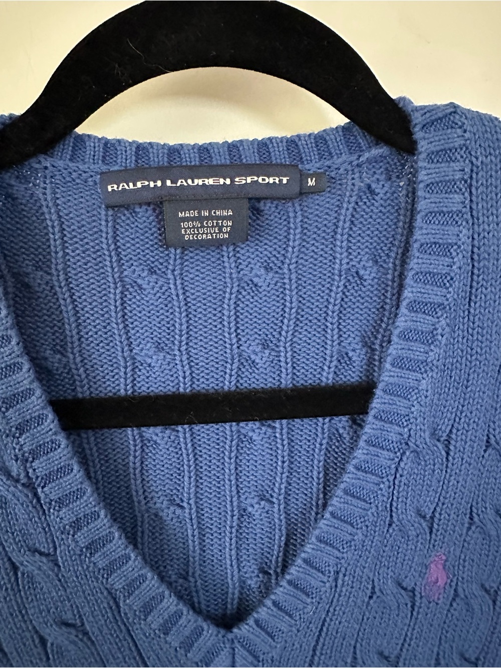 Ralph Lauren Sport Blue Cable Knit V-Neck Sweater Medium Cotton - Picture 4 of 5